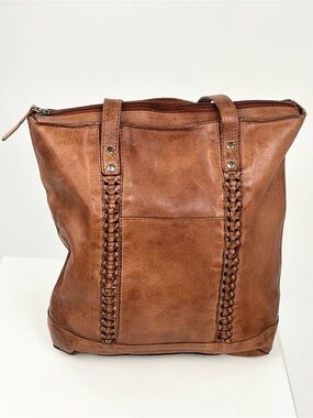 Vilenca Holland Cognac Leather Woven Tote Shoulder Bag Boho Brown